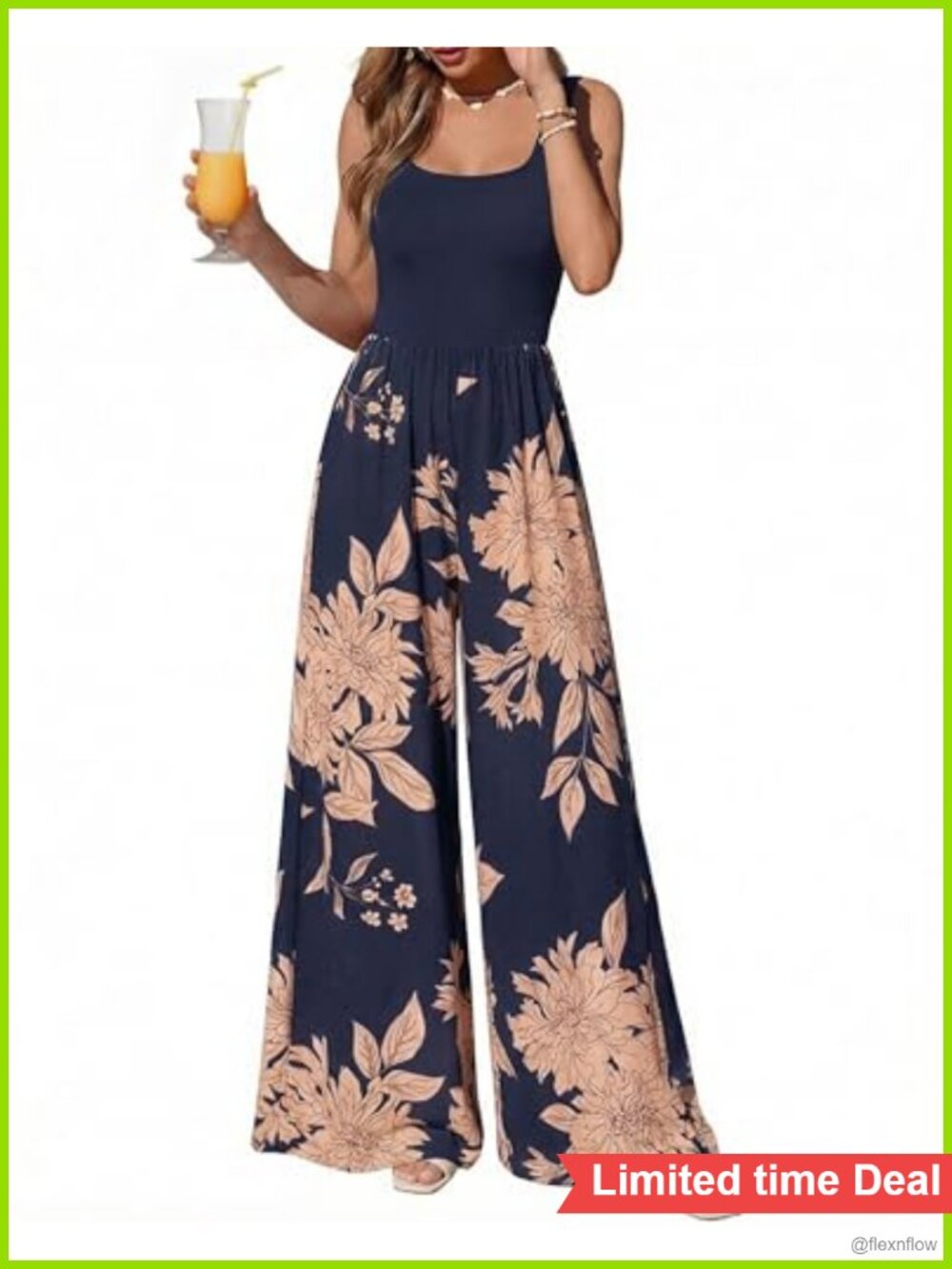 Boho Floral Wide Leg Jumpsuit Sleeveless Scoop Neck Pockets Vacation
